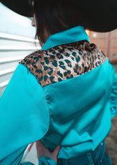 Aqua Leopard Satin Rodeo Shirt