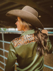 Olive Leopard Satin Rodeo Shirt
