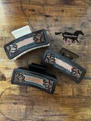 Hand Tooled Sunflower/Turquoise Hair Clip