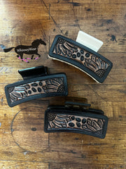 Hand Tooled Cheetah & Sunflower Hair Clip