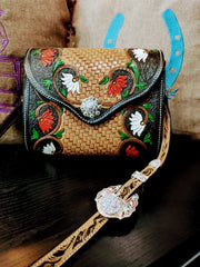 Hand Tooled Red & White Flowers Leather Purse