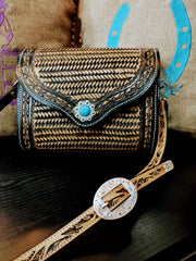 Hand Tooled Basket Weave & Barbed wire Leather Purse