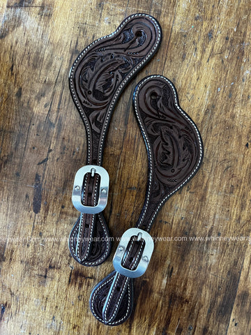 Dark Oil Feathers Tooled Spur Straps